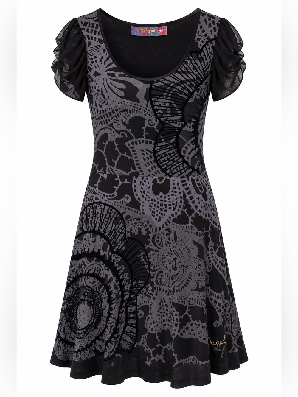 Desigual Black Gray Floral Butterfly Print Ruched Sleeve Dress Size M